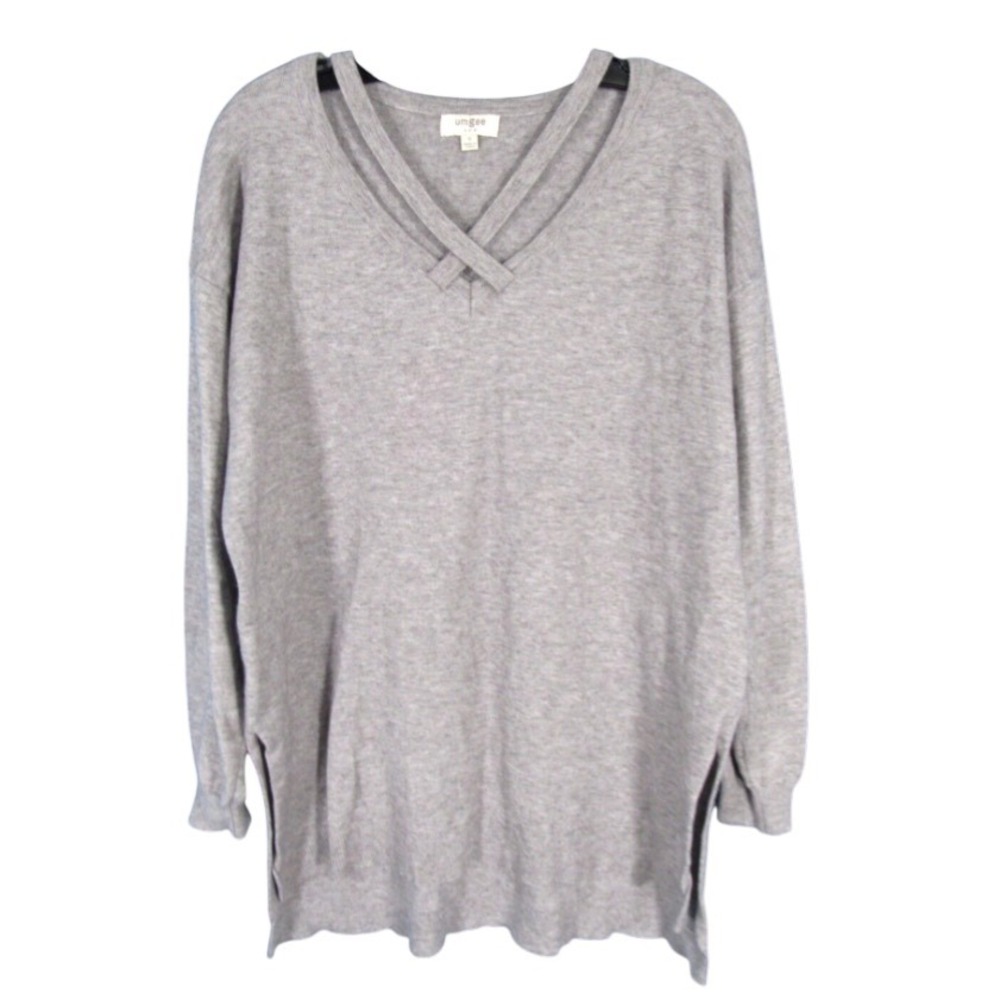 UMGEE Pullover Sweater GRAY Long Sleeve V-NECK Side Slit HIGH LOW Soft Knit sz S